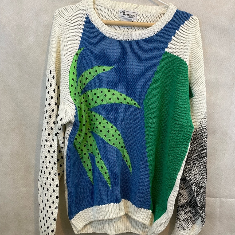 VINTAGE SPANNER | Funky palm tree knit sweater with silk palm tree | Size medium - Picture 1 of 10
